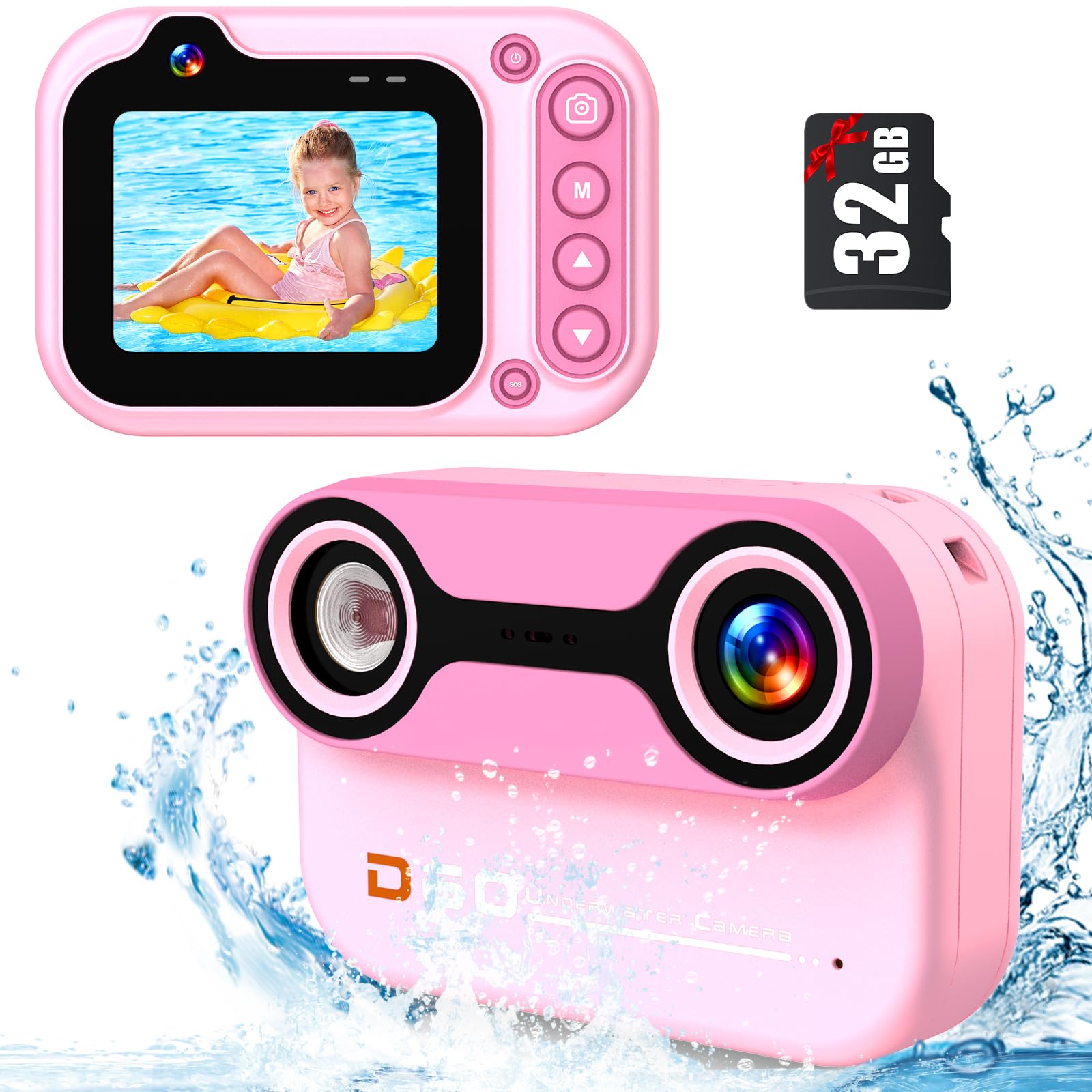 YunLone Kids Camera Waterproof, 3M Underwater Camera for Kids 26MP 1080P HD Digital Camera 2.4" Children Digital Action Camera with 32GB Card, Pink