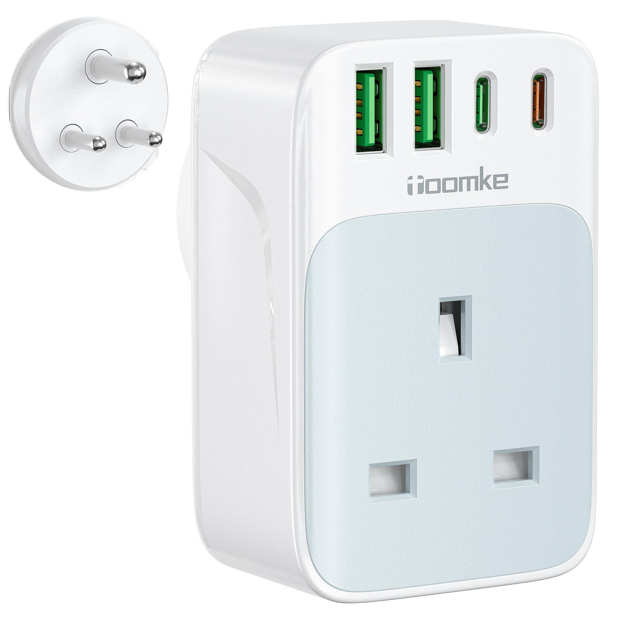 UK to India Plug Adapter, India Travel Adapter with 1 UK Socket and 4 USB(USB C 35W Fast Charger), UK to India Plug Adaptor for India, Pakistan, Sri Lanka, Yemen, Burma,Maldives and More(Type D)