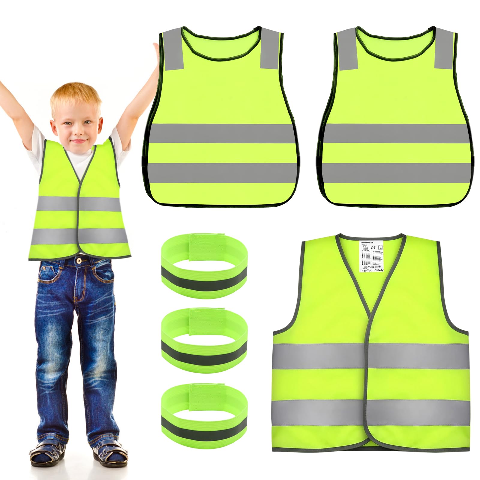 VEGCOO 6pcs Kids Hi Vis Vests and Wrist, Childrens High Visibility Reflective Safety Vest Waistcoat High Vis Jacket with Reflective Strips for Kids Outdoor, Universal Size