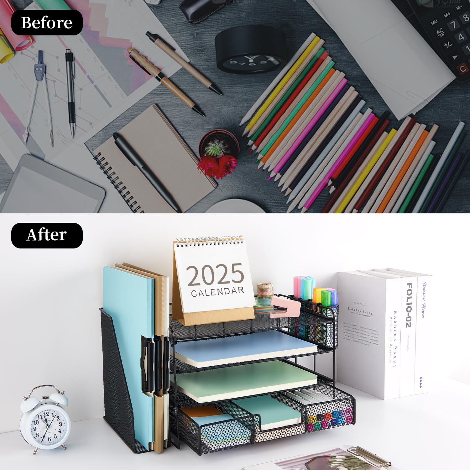 gianotter Desk Organizers and Accessories with File Holder, 4-Tier Desk Accessories & Workspace Organizers with Drawer and 2 Pen Holder, Paper Organizer for Office Supplies (Black)