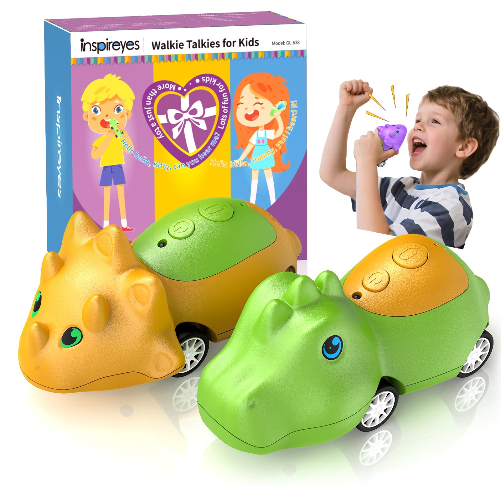 Inspireyes Kids Walkie Talkies 2 Pack, Dinosaur Toys for Boys Girls Age 3 to 5 7, 48H Playtime, Fun for Home or Yard, T-Rex Rechargeable Gift Birthday Christmas Camping Toddlers — image 1