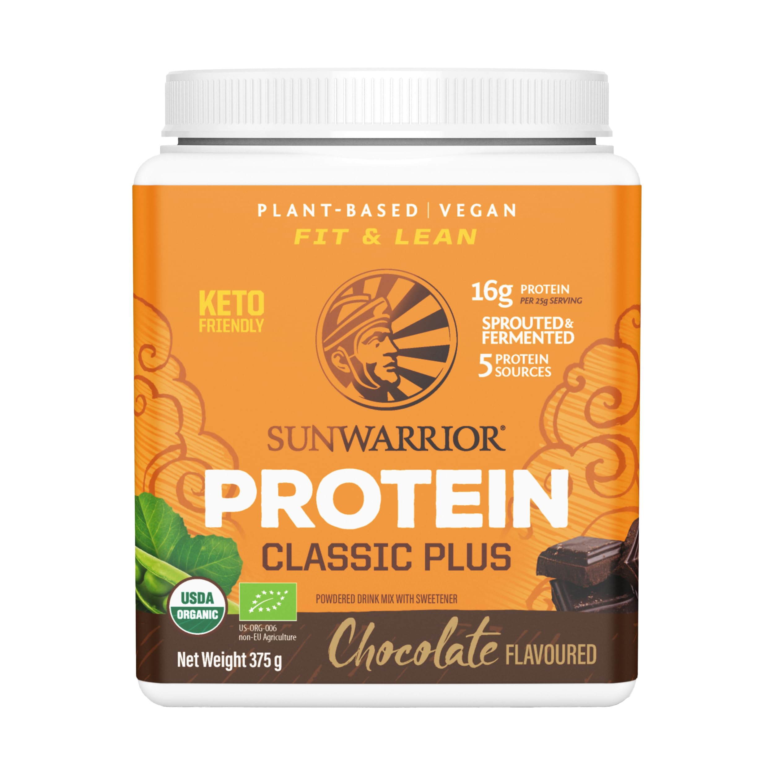 Sunwarrior Classic Plus Chocolate 375G Protein Powder 16G Protein Per Serve Vegan Keto Natural Organic Plant Based