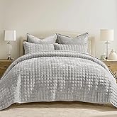 RECYCO Luxury Velvet Quilt Set King Size Bedding Sets, Ultra Soft Velvet Comforter Set, Lightweight Channel Box Stitch Oversized Bedspread Coverlet for All Season, with 2 Shams, Frost Gray