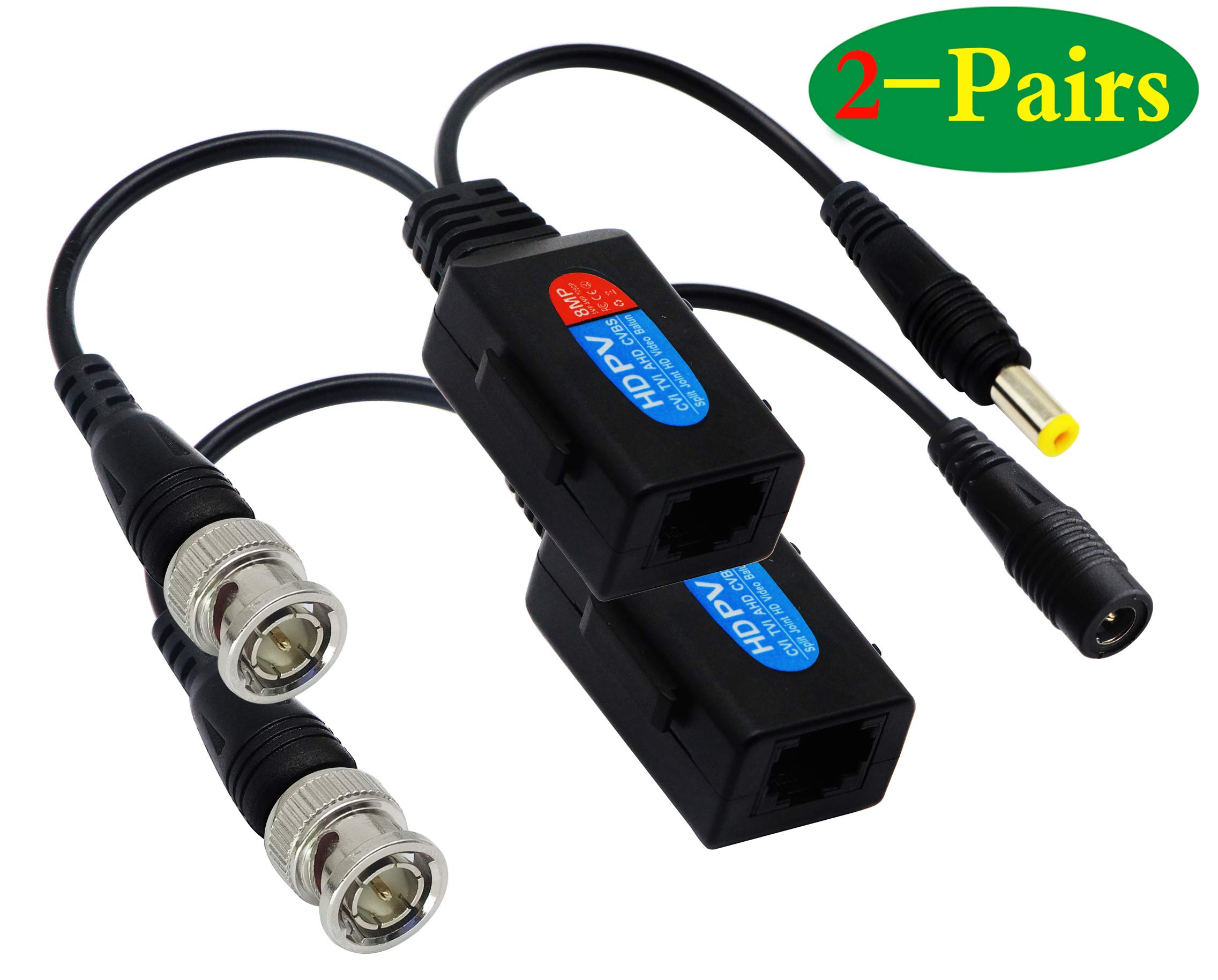 zdyCGTime Balun HD Cat5 RJ45 to BNC Video Baluns transceiver Passive with Power Connector for 720P 1080P 3MP 4MP 5MP 8MP HD-CVI/TVI/AHD/CVBS/960H Camera(2 Pairs)