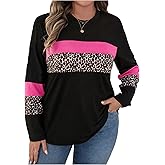 SOLY HUX Women's Plus Size T Shirts Leopard Color Block Tee Long Sleeve Crew Neck Casual Fall Tops