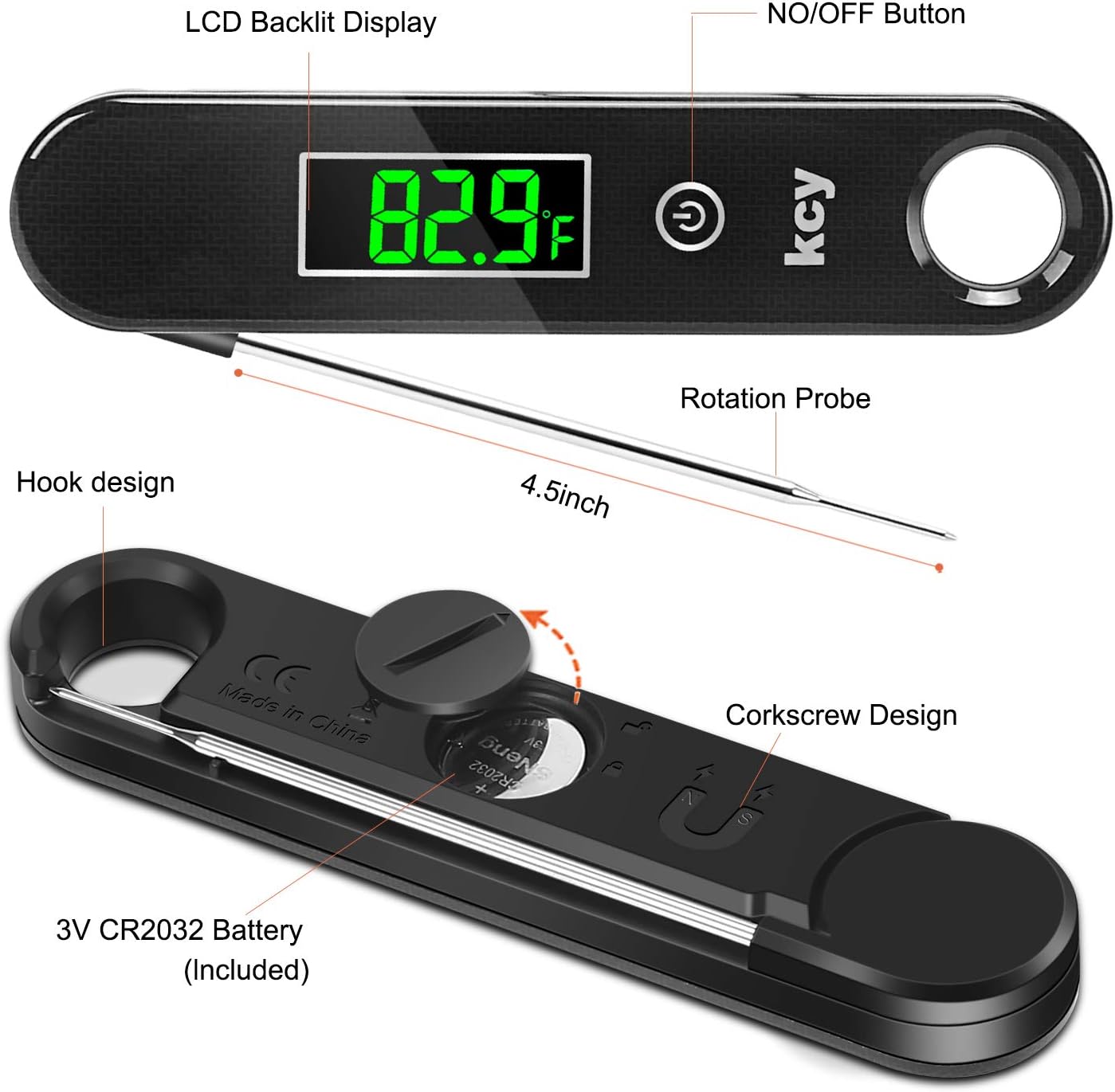 KCY Ultra Fast Thermocouple Digital Instant Read Meat Thermometer, Best Waterproof Thermometer for Kitchen, Cooking Food, BBQ, Grill and Oil Deep Fry Candy (Black): Kitchen & Dining