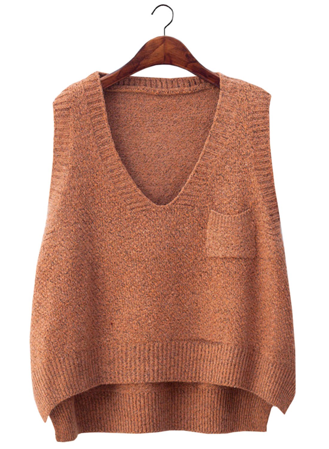 futurino Women's Boxy Solid Color Low V Neck Marled Knitted Sweater