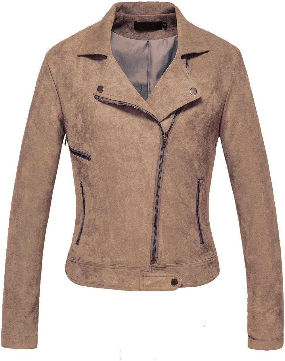 CHARTOU Women's Stylish Notched Collar Oblique Zip Suede Leather Moto Jacket