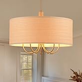 SUETONG Large 5-Lights Modern Chandelier,Hand-Woven Rattan Chandelier,Antique Brass Farmhouse Boho Drum Chandeliers Light Fix