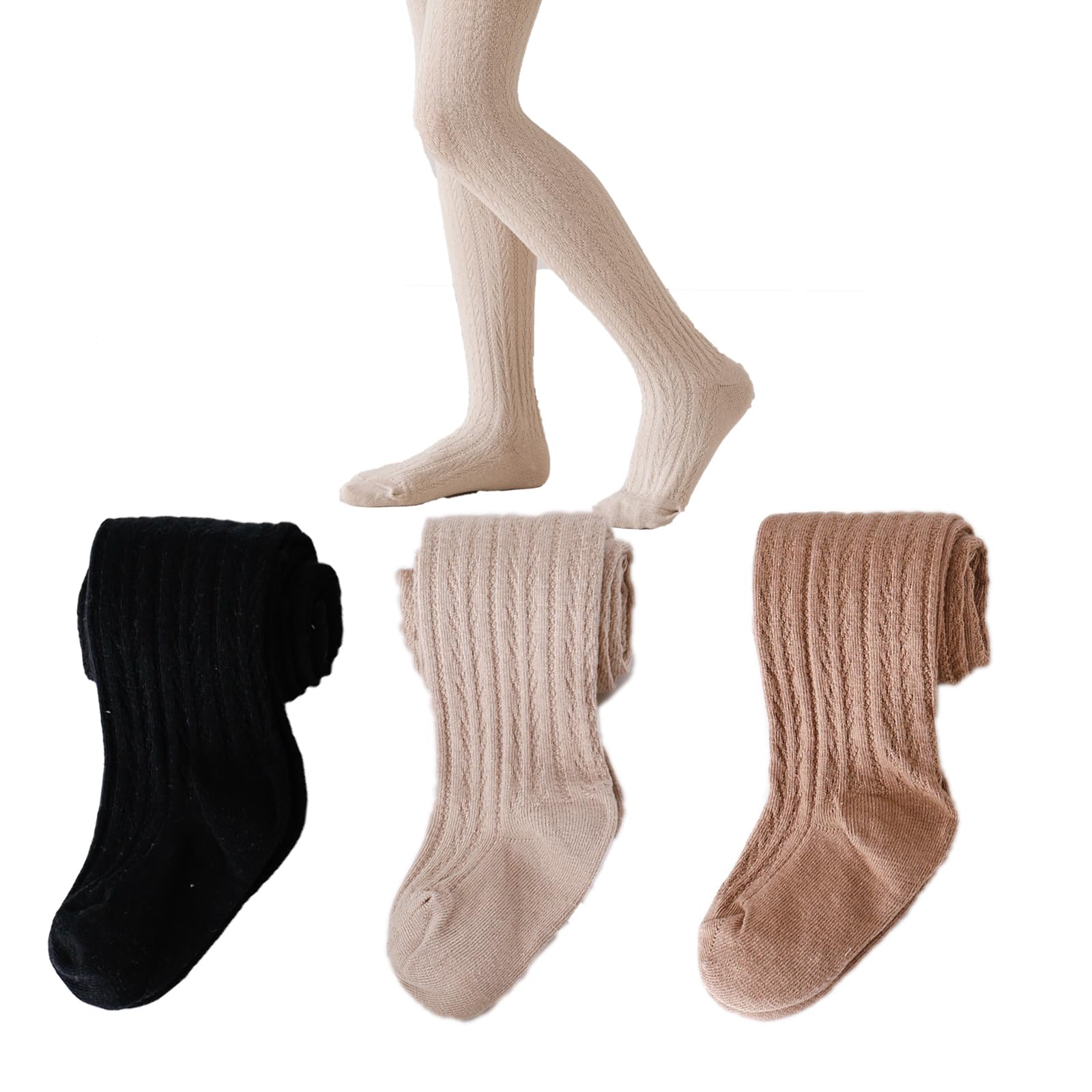 Photo 1 of Colorful Childhood Baby Girls Tights Cotton Cable Knit Footed Pantyhose Baby Stockings Toddler Leggings 3 Pairs Black/Coffee/Khaki Size 3-5T