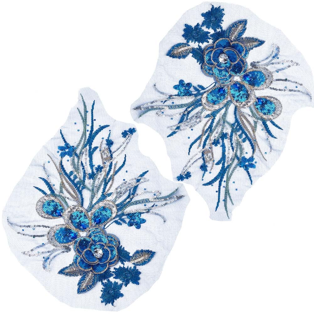 GORGECRAFT 2Pcs 400mm 3D Flower Embroidery Lace Applique Sequins Embroidered Trim Appliques Floral Sewing Patches Rhinestones Fabric Craft Decoration for Wedding Dress DIY Garment Accessory, Blue