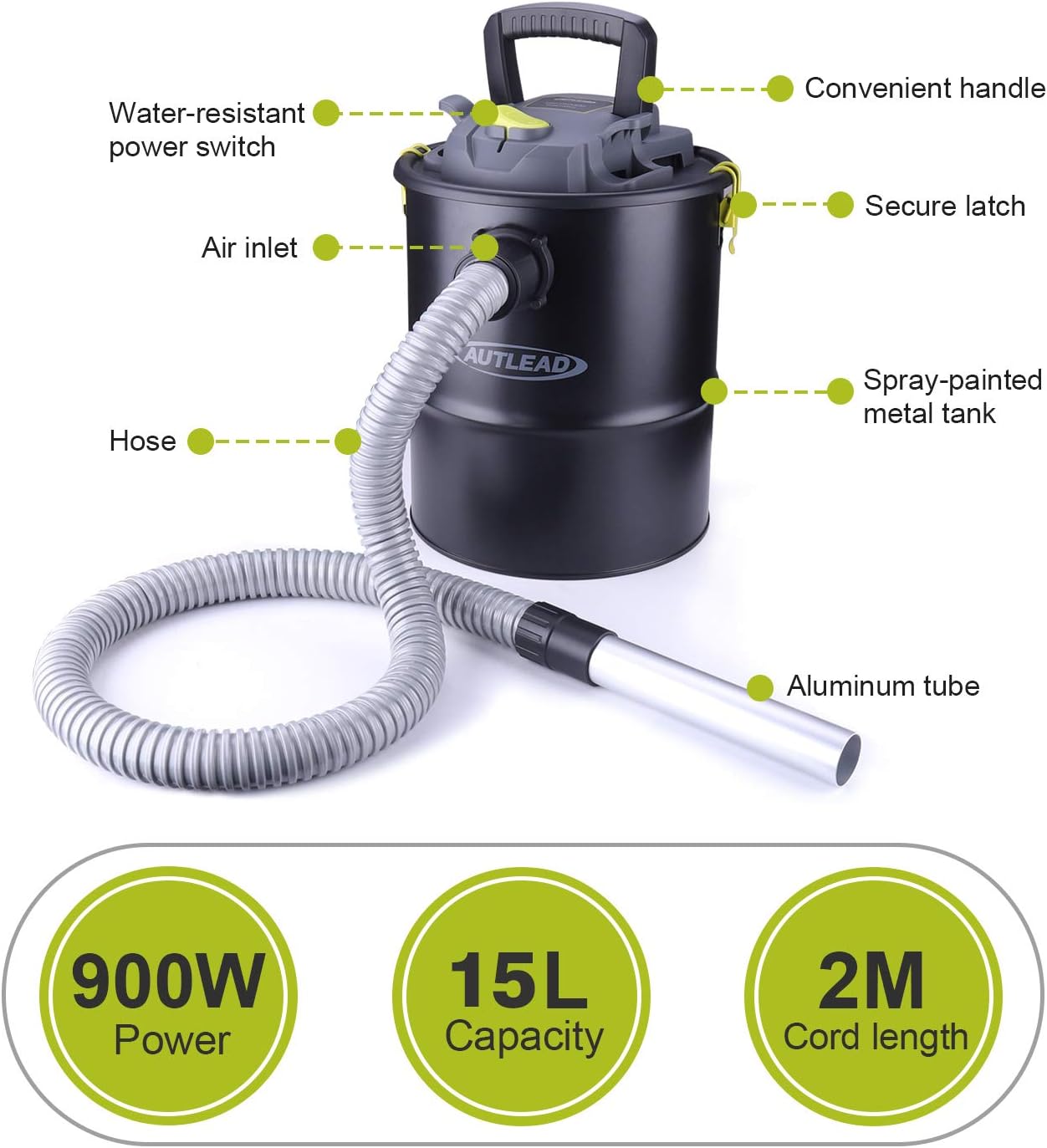 Super Saturday AUTLEAD Ash Vacuum Cleaner 15L 900W Powerful Ash Suction
