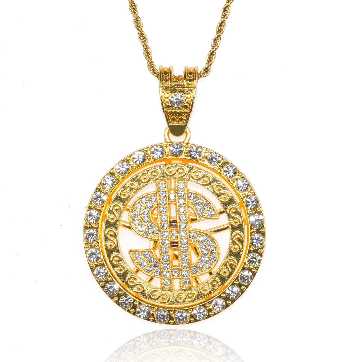 HALUKAKAH Gold Chain for Men Iced Out,18k Real Gold Plated Rotatable US Dollar Pendant Necklace,Full Cz Lab Diamonds Prong Set,with Rope Chain 60cm,Free Giftbox