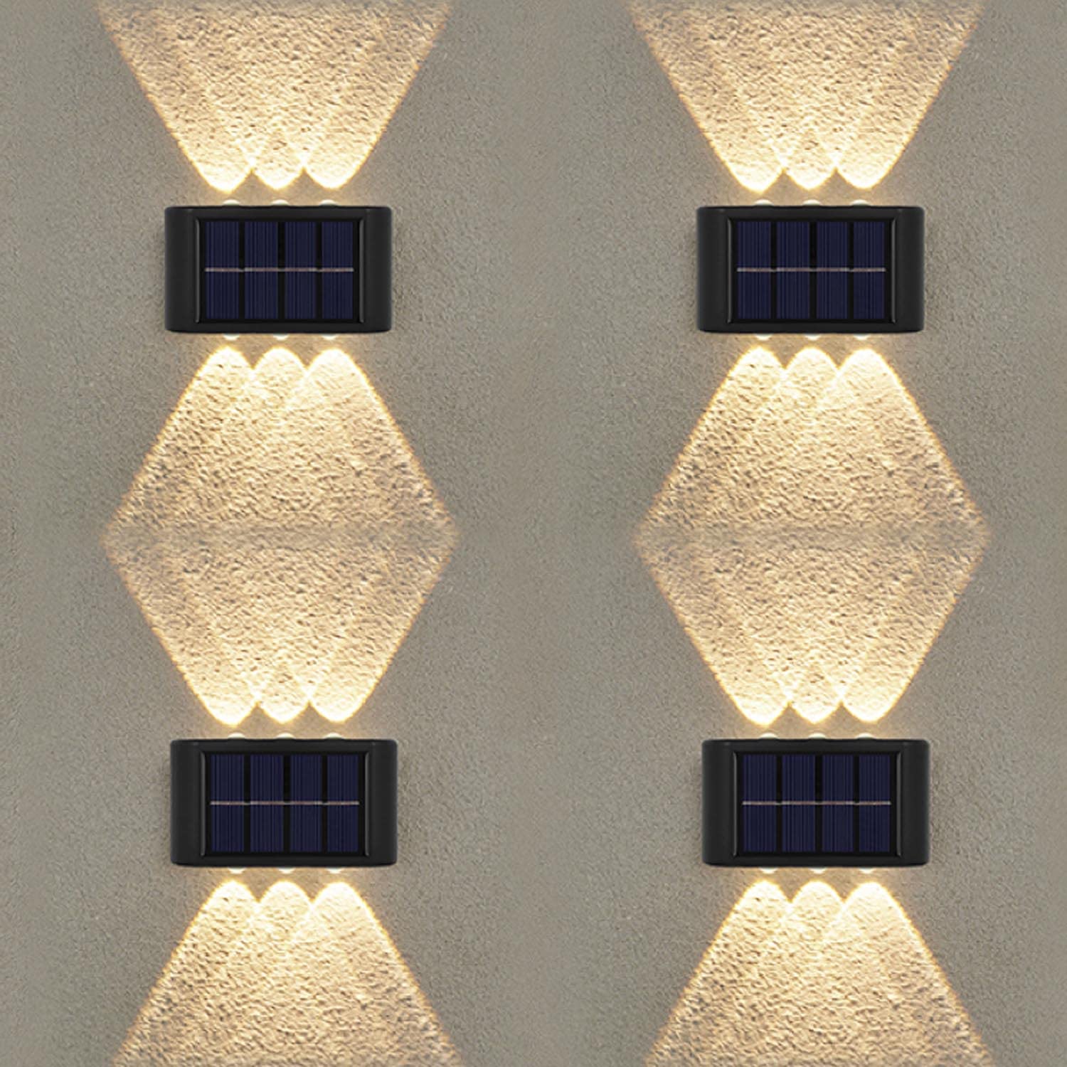 Leehui 4 Pack Solar Wall Lights Outdoor, 6 LED Waterproof Solar Fence Lights Up and Down Wall Lamps for Garden Decoration, Fence, Yard, Front Door, Pathway (Warm White, 4 Pack)