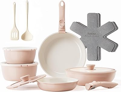 Redchef Topfsets 16-Teilig Pfannenset Antihaft-Keramik-Kochgeschirr-Set mit Abnehmbaren Griff, Pfanne 20/26 cm, Tiefe Bratpfanne 26cm, Topf 18/20cm, Stapelbar Topfset Für alle Herdarten, Ofenfest Rosa