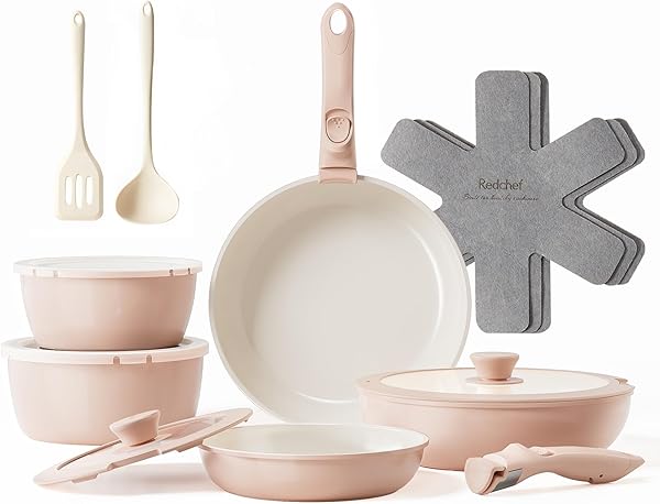 Redchef Topfsets 16-Teilig Pfannenset Antihaft-Keramik-Kochgeschirr-Set mit Abnehmbaren Griff, Pfanne 20/26 cm, Tiefe Bratpfanne 26cm, Topf 18/20cm, Stapelbar Topfset Für alle Herdarten, Ofenfest Rosa