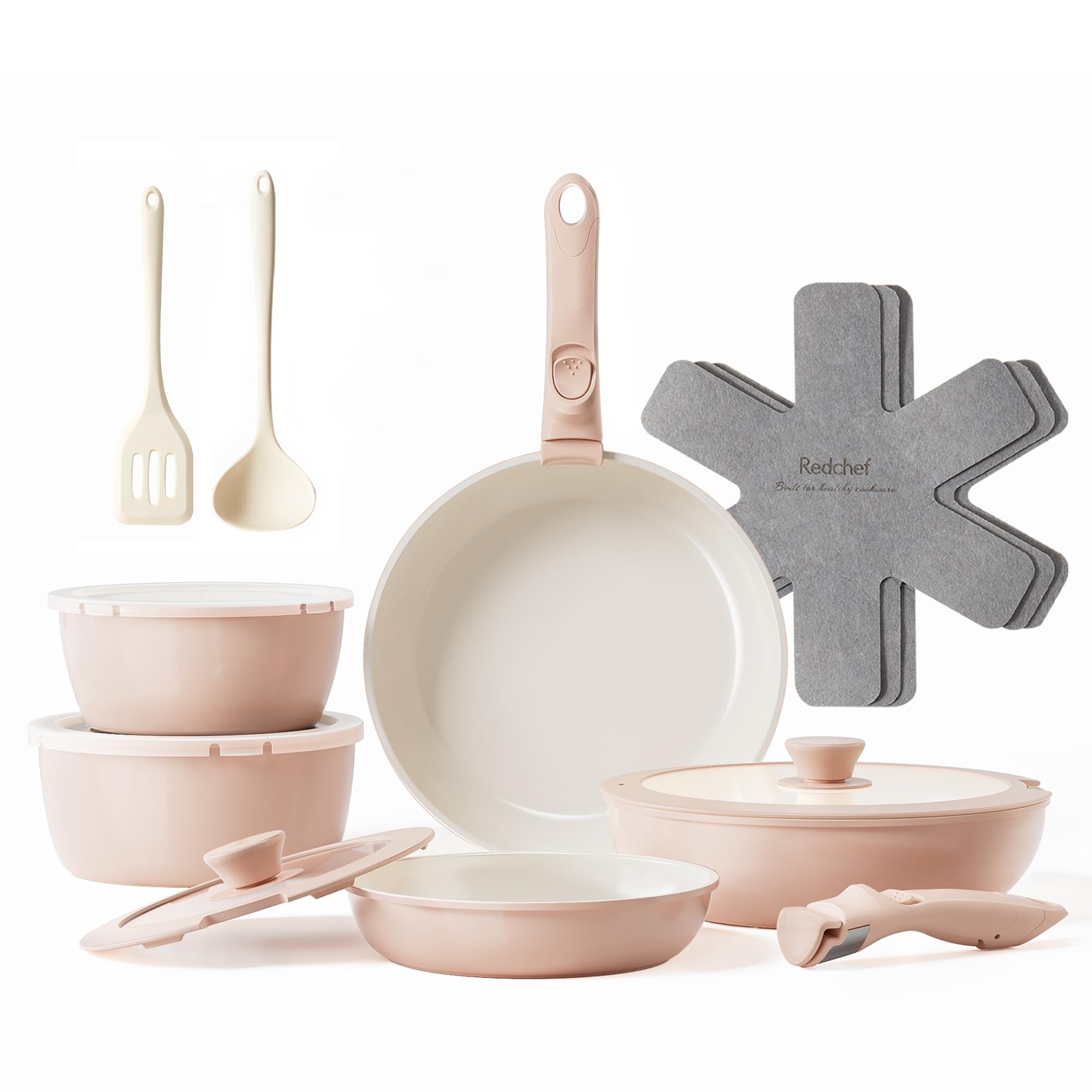 Photo 1 of Redchef 16pcs Ceramic Pots and Pans Set Non Stick, Nonstick Kitchen Cookware Set with Detachable Handle, Non Toxic, PFAS PFOA & PTFE Free, RV Cookware Set for Camping, Dishwasher/Oven Safe (Pink)