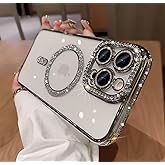 TETAW Cute for iPhone 15 Pro Max Magnetic Glitter Case,Luxury Bling Rhinestone Diamond Plated Bumper Case,Compatible with MagSafe, Sparkle Camera Lens Protection Clear Cover for Women Girls(Silver)