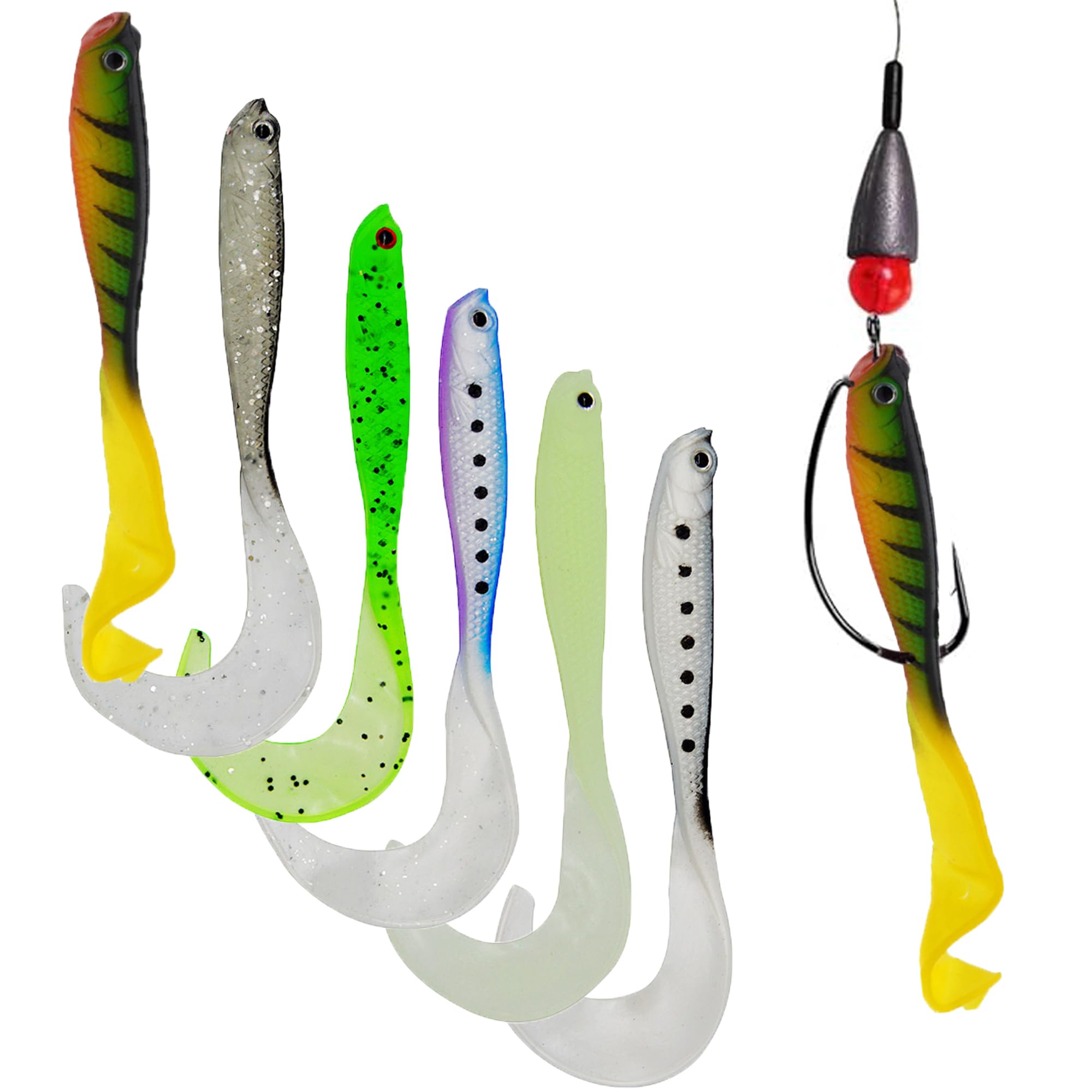 DHER Rubber Fishing Lure Artificial, 6 Pieces Curl Tail Soft Bait, Pike & Pike Rubber Fish with Swivel Tail