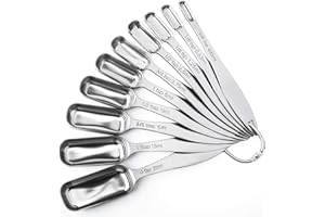 FANGSUN Stainless Steel Narrow Measuring Spoons, Heavy Duty Metal Measuring Spoons with Long Handle and Engraved Measurements Set of 10, For Dry or Liquid, Fits in Spice Jar