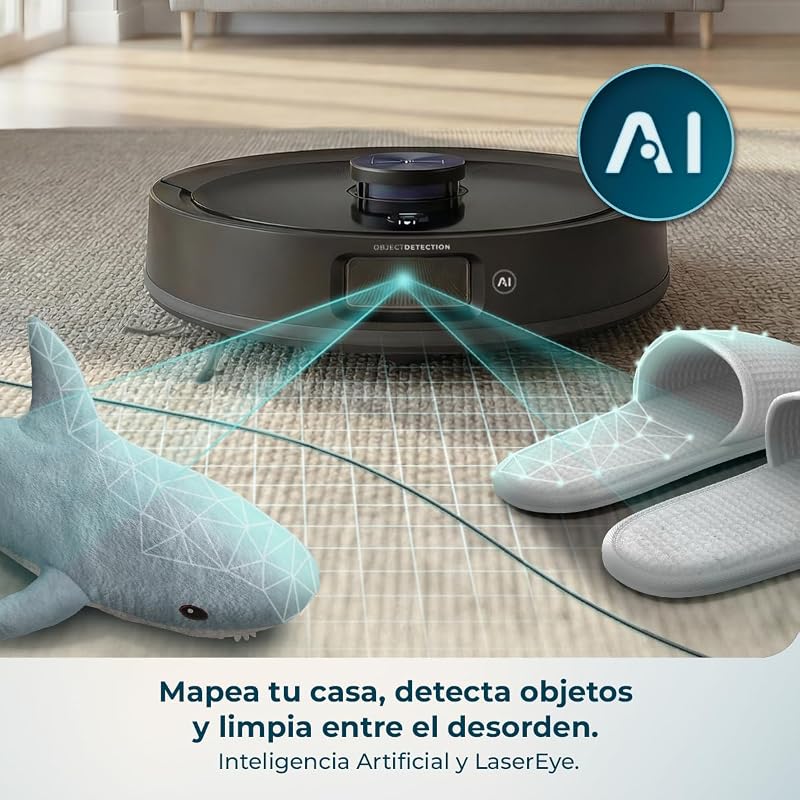 Robô aspirador e esfregão de chão com AI Conga M90 Dark. Navegação a laser, aspiração motora 25000Pa, autonomia 240 minutos, escova de silicone, para animais de estimação, Bluetooth e WiFi, controlo por aplicação