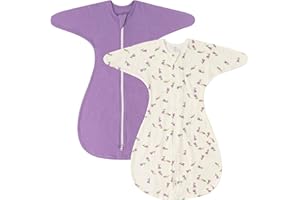 ZIGJOY Shark-Fin Transition Swaddle - 1.0 Tog Baby Sleep Sack Soft Cotton Transitional Swaddle Baby Wearable Blanket with 2-Way Zipper for All Seasons, Purple&Flower, 6-12 Months