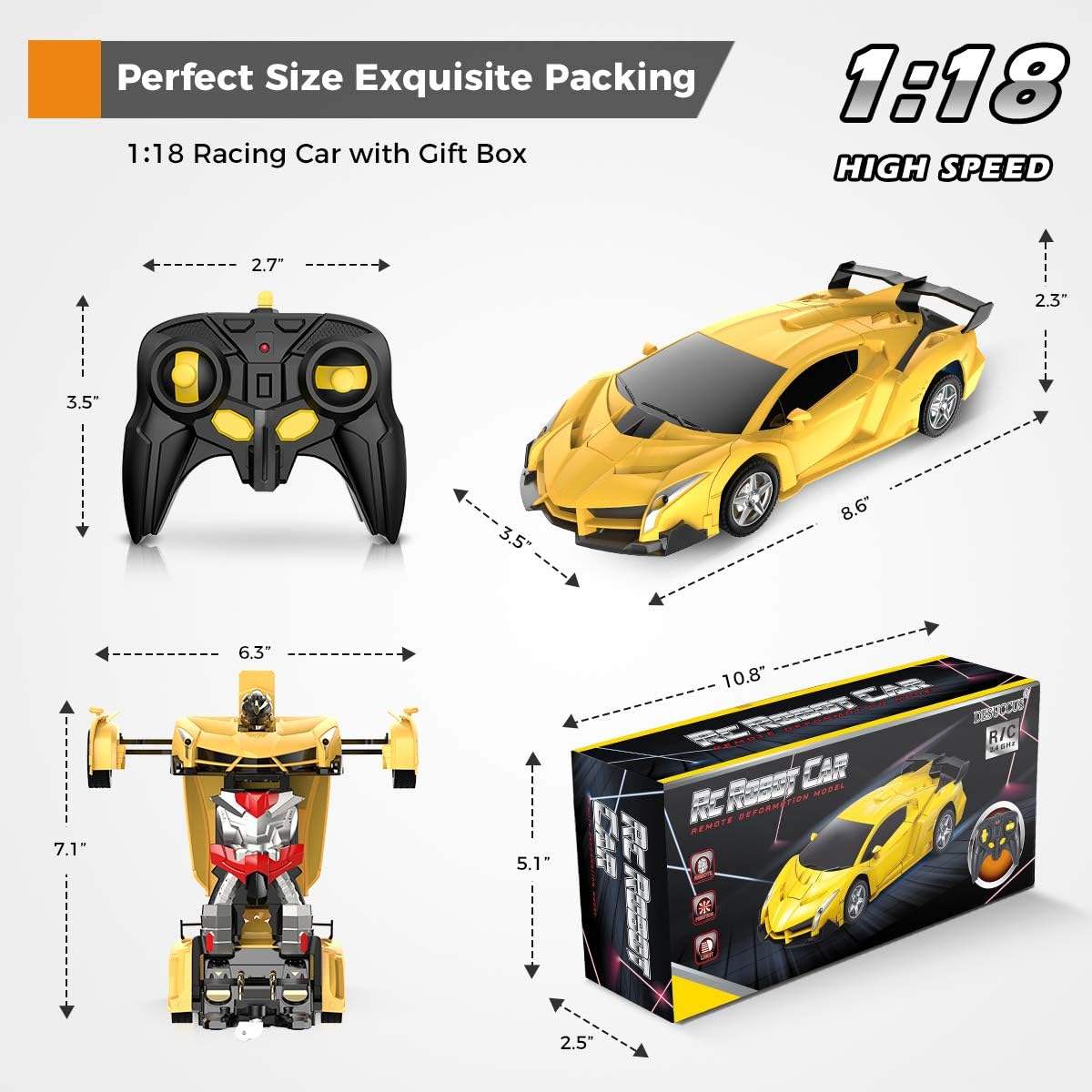Desuccus Remote Control Car, Transform Robot RC Car for Kids, 2.4Ghz 1:18 Scale Model Racing Car with One-Button Deformation, 360°Drifting, Transforming Robot Car Toy Gift for Boys and Girls: Toys & Games