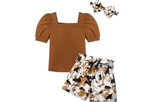 BAVADER Toddler Girl Clothes 2-12Y Girls Clothes Square Neck Short Sleeve Tops 3pcs Short Sets Summer Girls Outfits