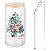 Christmas Book Lover Gift for Women Christmas Book Glass Cup 16 oz Bookish Coffee Mug Reading Drinking Cup with Lid Straw Librarian Tumbler for Bookworm Teacher Holiday Party Favor White Elephant Gift