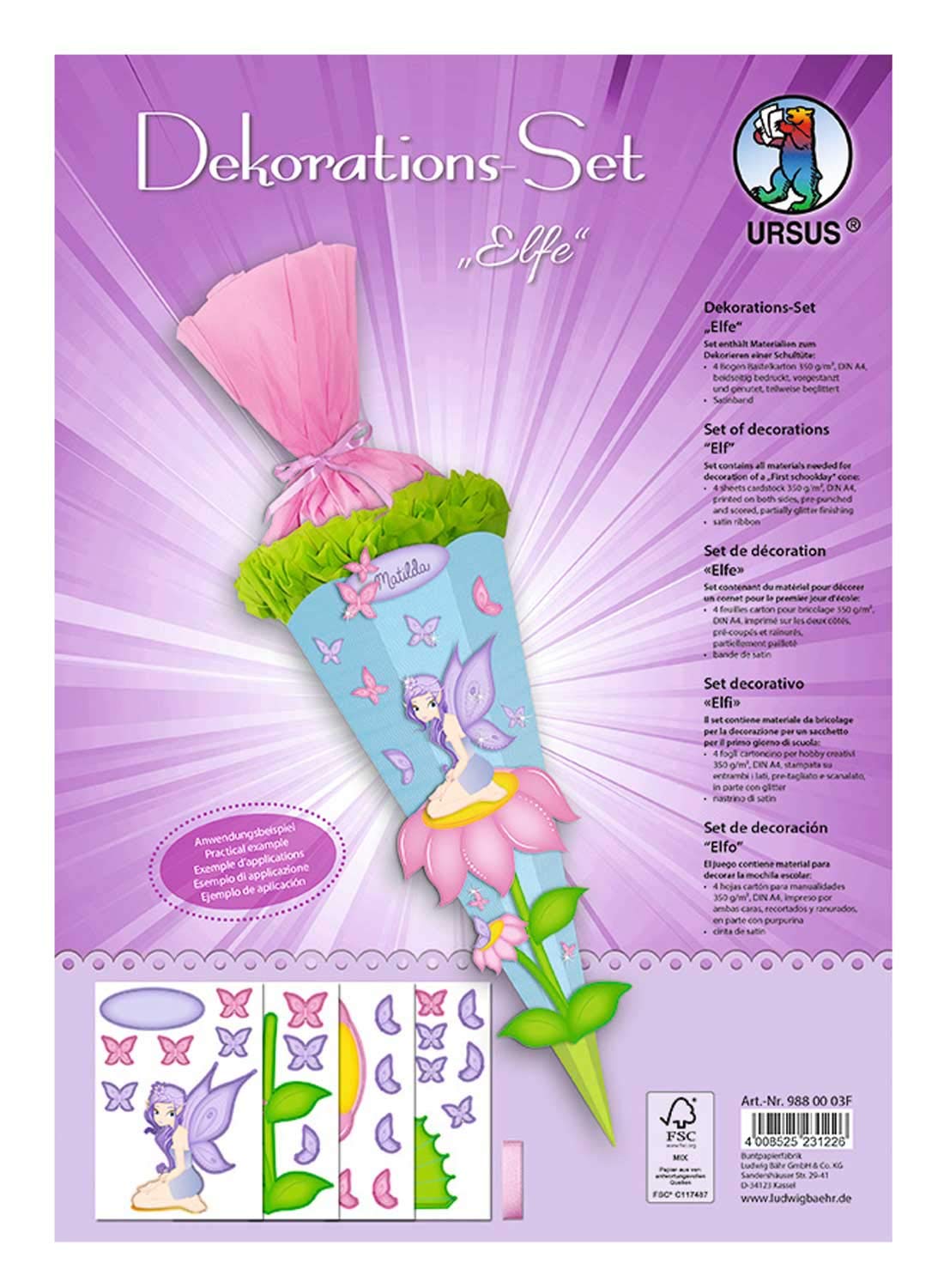 Ursus 9880003F Elf Decoration Set for a School Cone, 4 Sheets of Craft Cardboard DIN A4, Printed on Both Sides, Pre-Cut, Grooved, Partially Finished, Includes Satin Ribbon