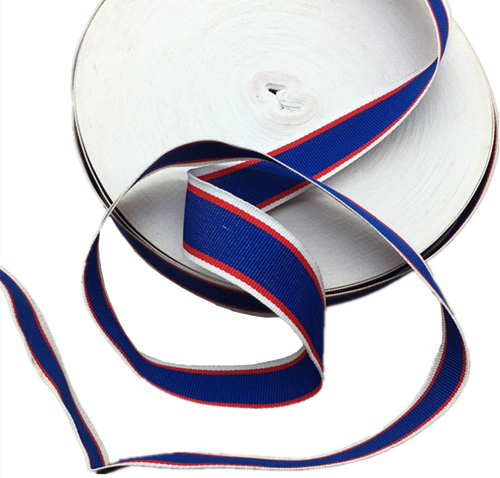 45 Meters Stripe Grosgrain Ribbon Striped Fabric Lace Trimming Patriotic Ribbon Strap Belt Width 2.5cm for Clothing Embellishments Gift Wrapping(White Red and Blue)