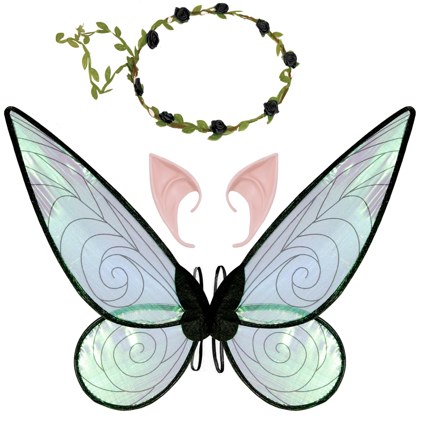 Jeackcelle Fairy Wings for Girls Women,Butterfly Wings for Adults, Halloween Costume Angel Wings with Headband Elf Ears Dress Up Cosplay Party (Black)