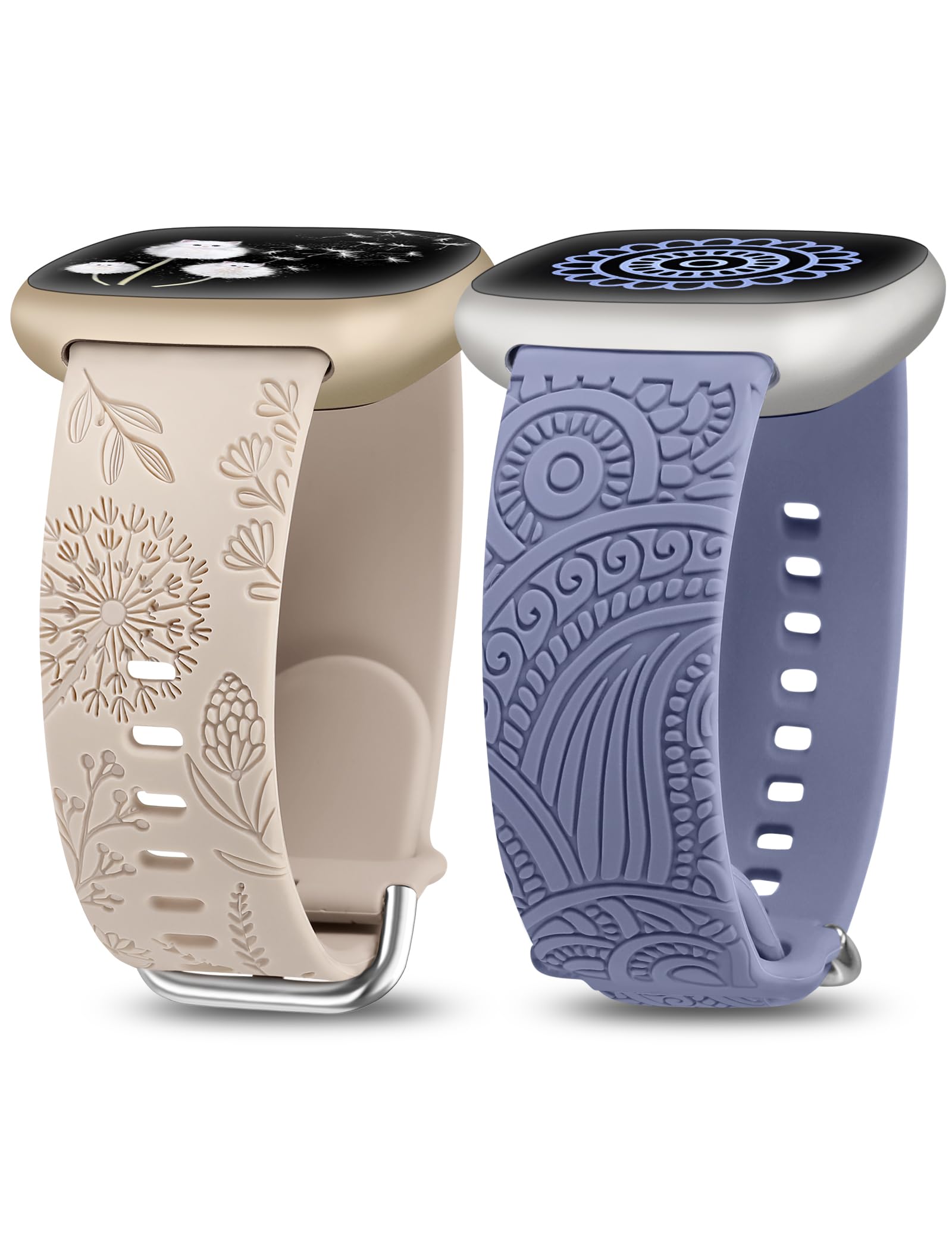 TOYOUTHS 2 Packs Floral Compatible with Fitbit Versa 4/Versa 3/Sense 2/Sense Straps, Soft Silicone Engraved Henna and Dandelion Pattern Sport Strap for Versa 3/4 Sense 1/2, Starlight+Ice Blue