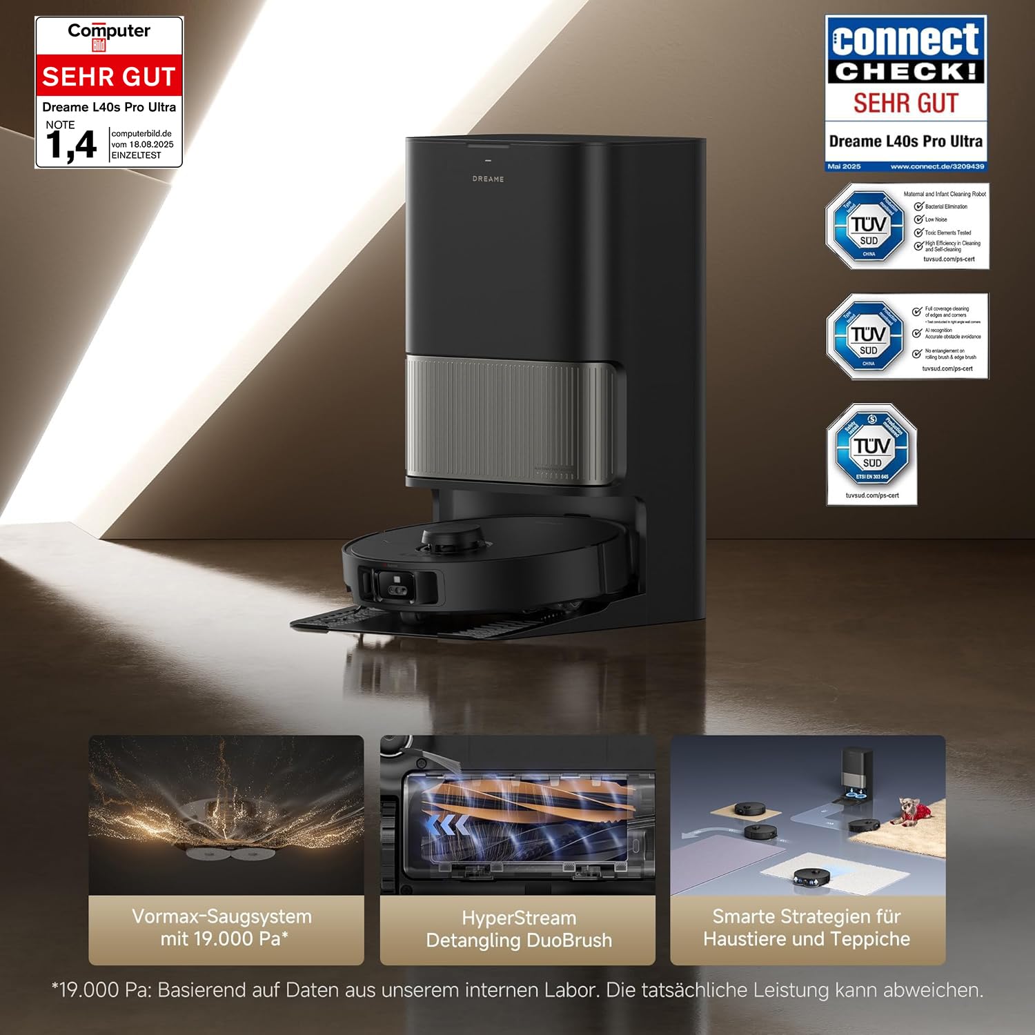 dreame L40s Pro Ultra Saugroboter, selbstreinigende Wischmopps, 19.000 Pa Saugkraft, 100% Detangling DuoBrush, ausfahrbare Wischmopps, Hindernisvermeidung für mehr als 180 Objekte, Sprachsteuerung 2