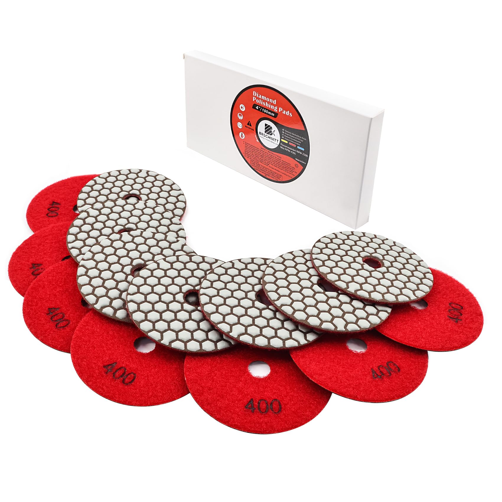 BRSCHNITT Dry Diamond Polishing Pad Set,7pcs 100mm #400 for Stone Marble Quartz Granite Sanding Disc Countertop Polish Polisher Pads Kit Tools Used on Grinder or Polisher