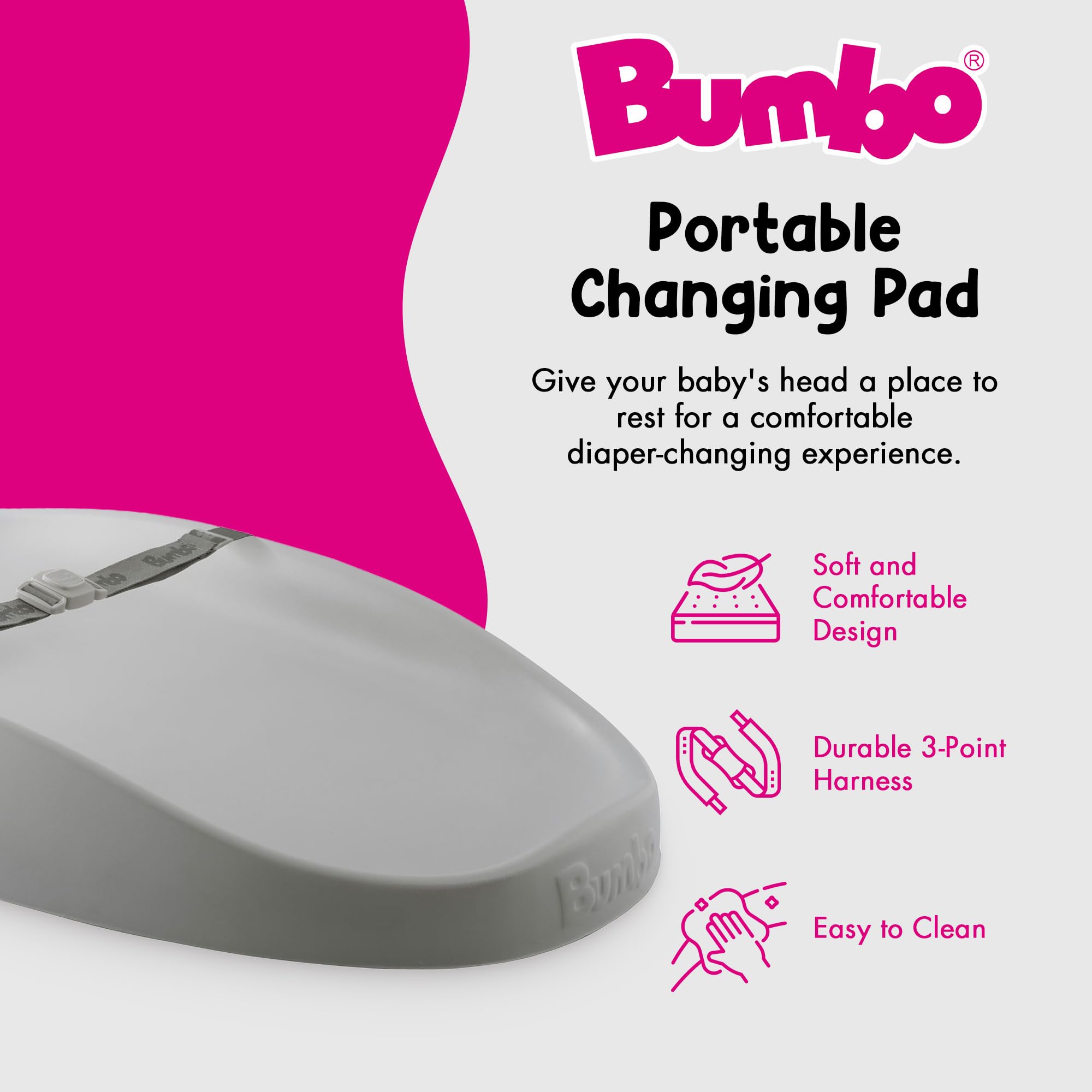 Bumbo Baby Changing Pad for Dresser or Table Top, Portable & Wipeable Non Slip Soft Contoured Diaper Change Station with Harness, Cool Grey