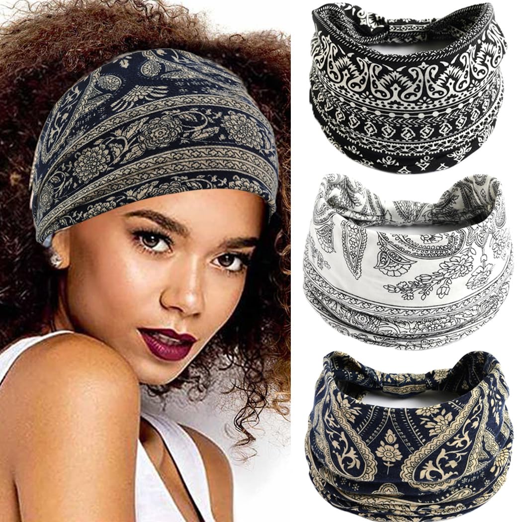 Fashband Boho Wide Headbands Black Flower Hair Bands Elastic Headscarf Knot Yoga Head Wraps for Women and Girls (Pack of 3)