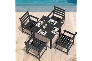 LOUNZY 5-Piece HDPE Patio Dining Set - Outdoor Square Table with 2" Hole Cut-Out & 4 Chairs,Black