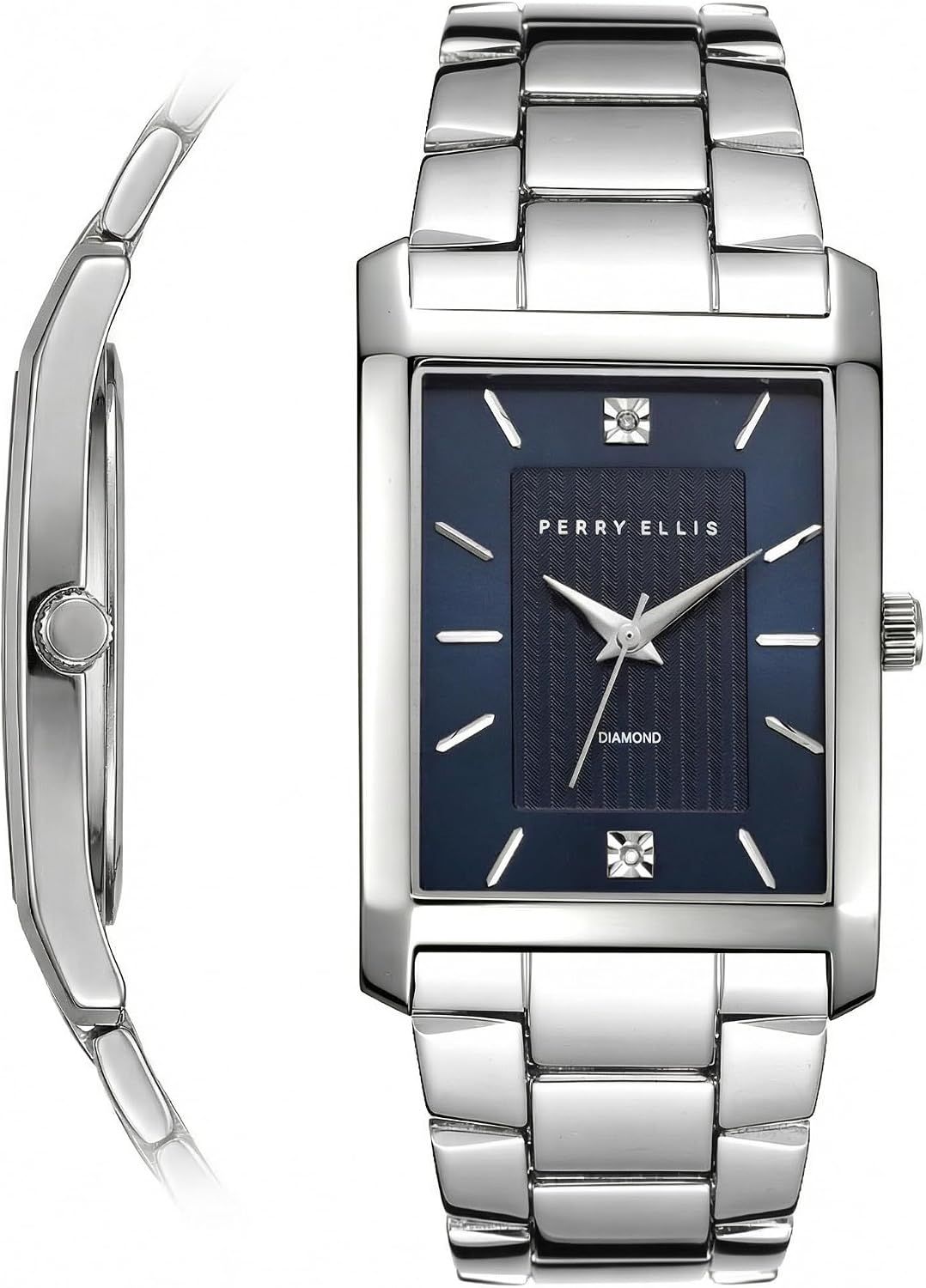 Perry Ellis Men's Watch – Rectangular Silver-Tone, Dark Blue Textured Dial with Diamond Accents, Silver Faceted Indexes, Stretch Bracelet, Quartz Analog Fashion Accessory