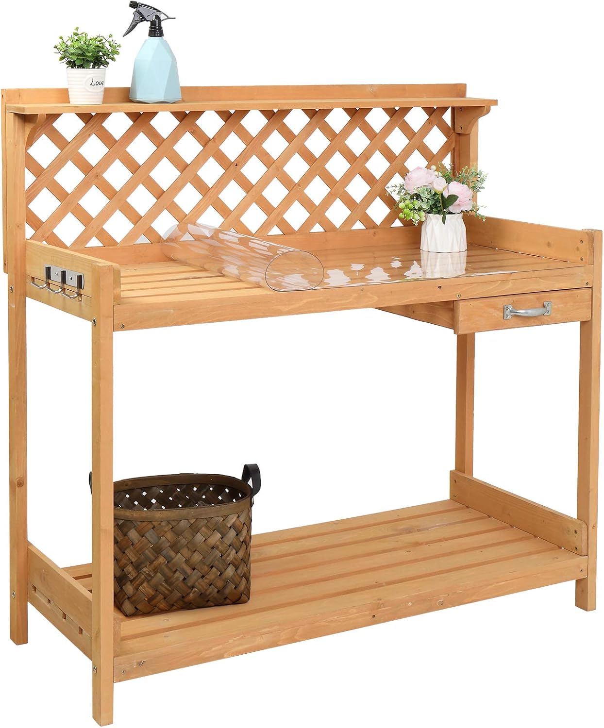 potting bench with shelves on Amazon Com Vingli Wooden Potting Bench Tables Work Station Table Outdoor Garden Potting Table With Sliding Drawer Pvc Mat For Garden Supplies Natural Garden Outdoor