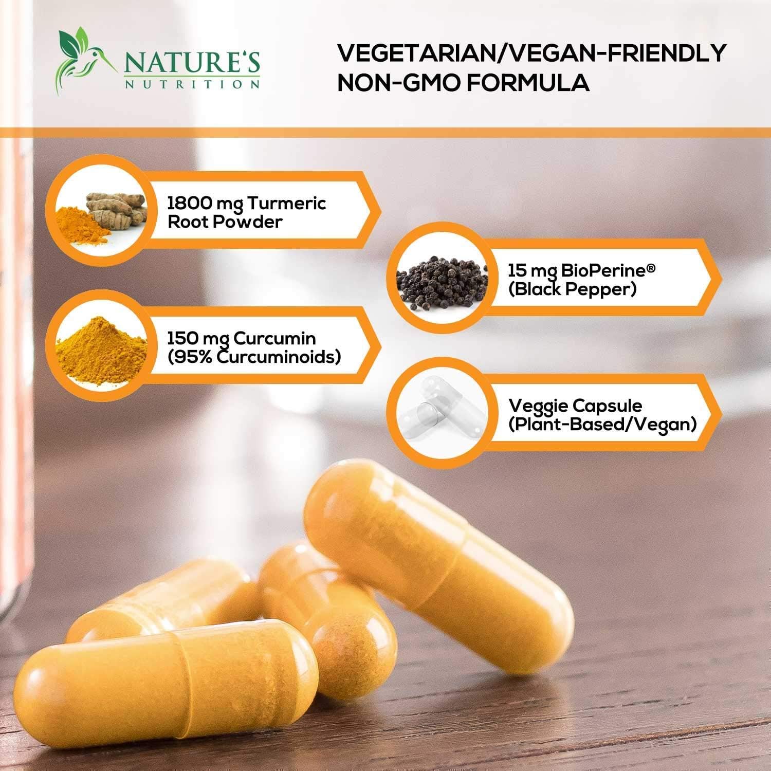 Turmeric Curcumin with BioPerine 95% Curcuminoids 1950mg with Black Pepper for Best Absorption, Made in USA, Most Powerful Joint Support, Turmeric Supplement Pills by Natures Nutrition - 180 Capsules: Health & Personal Care