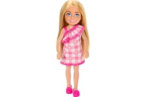 Barbie Chelsea Doll, Small Doll Wearing Removable Checked Dress & Pink Shoes with Blonde Hair & Blue Eyes