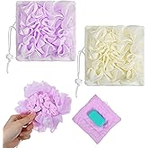 2 Pcs Loofah for Bar of Soap, 2-in-1 Loofah Soap Holder, Bath Sponge with Drawstring and Soap Pocket, Gentle Exfoliating Cleanser for Smooth Skin, Beige & Purple