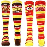 LUKBERA 2Pairs Thanksgiving Turkey Socks, Turkey Trot Running Socks with Stripes Funny Words Socks for Thanksgiving Women Men Autumn Holiday