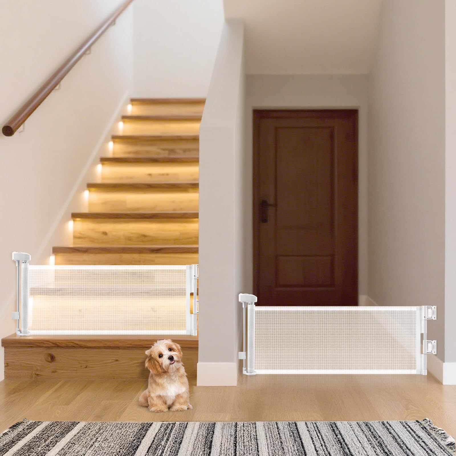 Photo 1 of Unidevice 2 Packs Retractable Short Dog Gate - Small Puppy Mesh Safety Pet Gates Doggy Door for Doorways Stairs Kitchen Hallways Indoor, 14" Tall, Extends up to 59" Wide, White