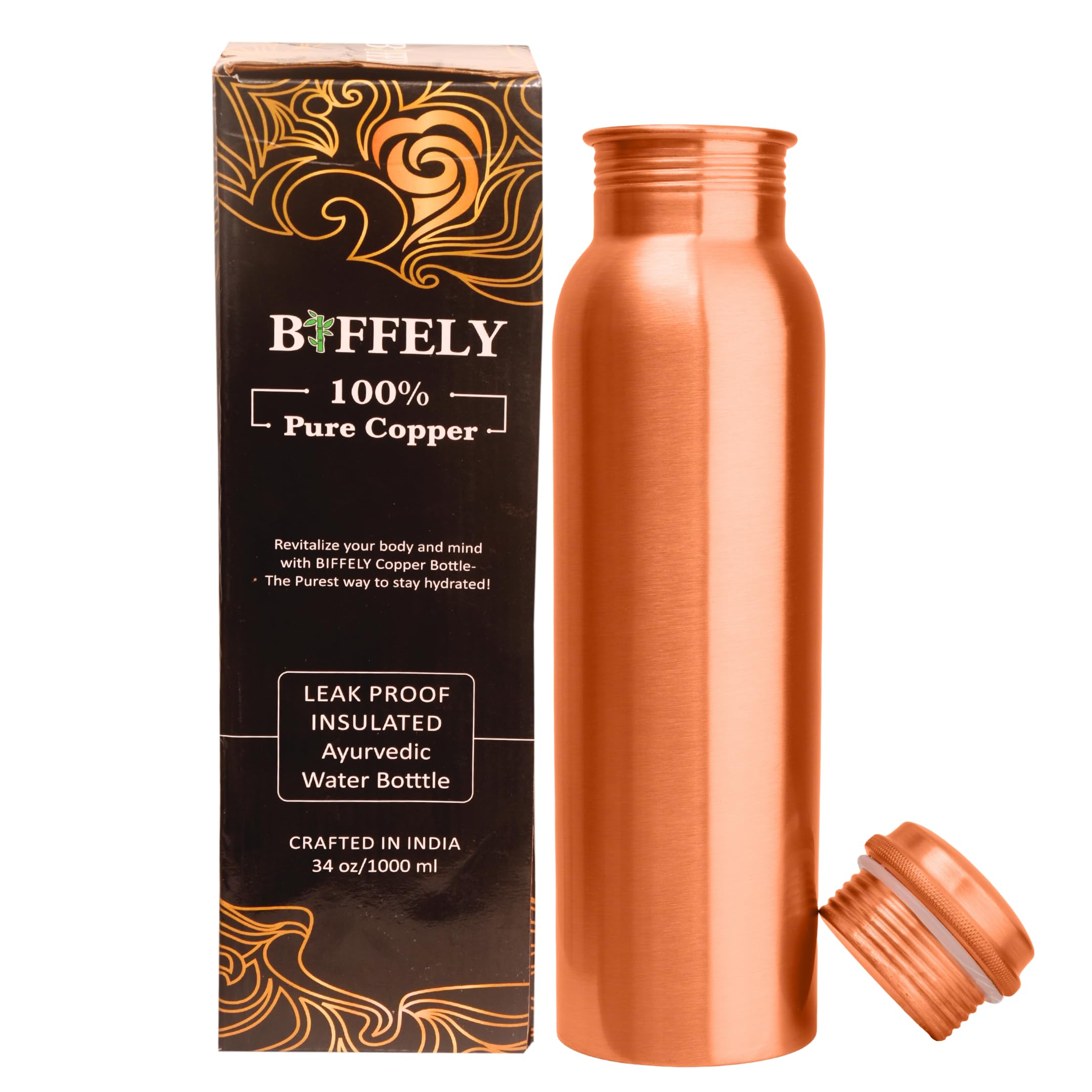 Photo 1 of 100% Pure Copper Water Bottle for Drinking - Handcrafted Ayurvedic – Copper Water Bottle 34oz Leak-Proof Lid BPA Free Joint Free & Eco Friendly with Premium Quality for Sport & Travel (Matte Plain)