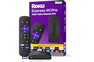 Roku Express 4K Pro with Voice Remote Pro - Roku Streaming Device 4K/HDR, Rechargeable Roku Remote, Hands-Free Controls, Lost Remote Finder, Free & Live TV - Amazon Exclusive