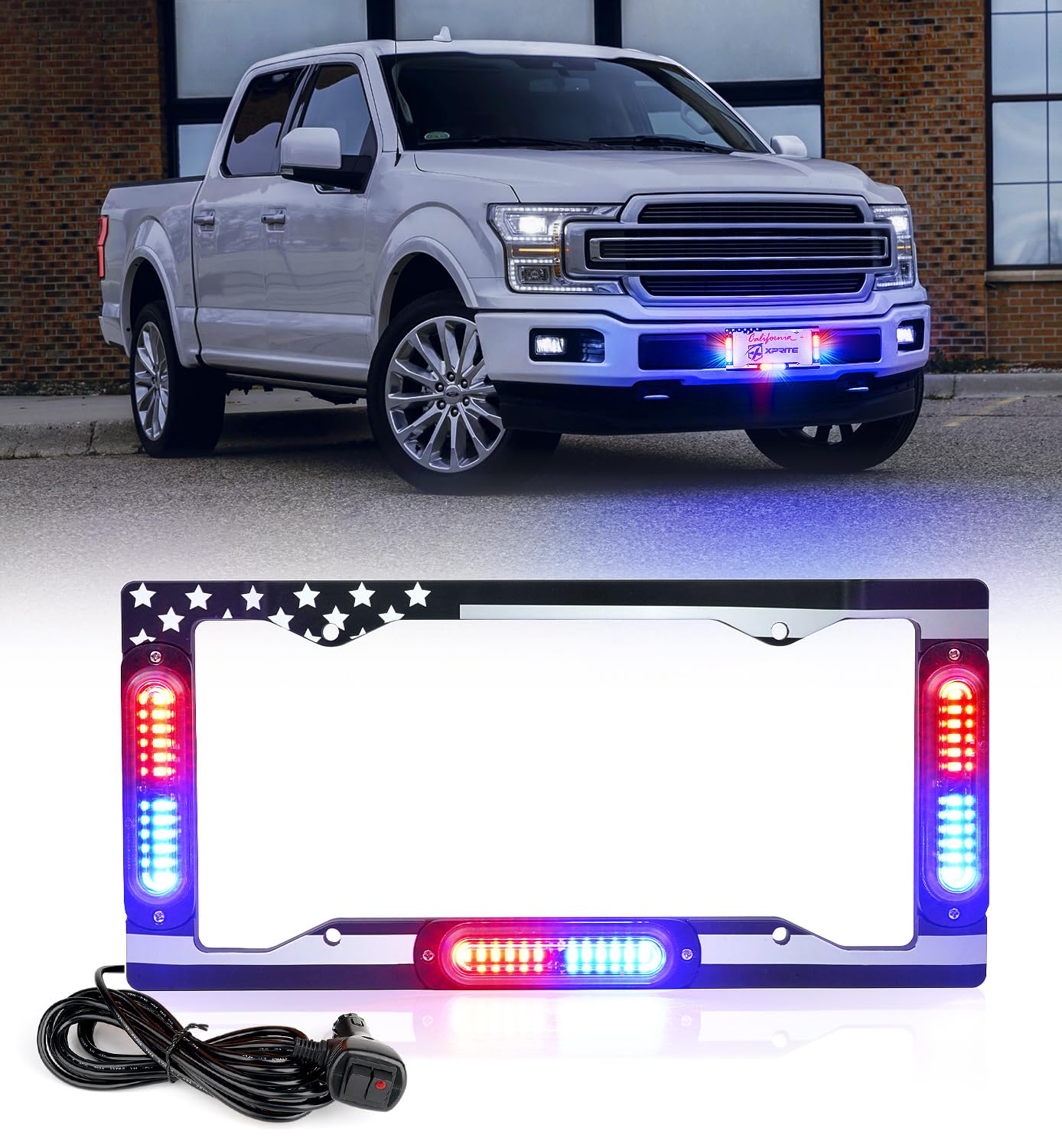 Xprite 36 LED License Plate Strobe Light, US Flag Front/Rear Police Light, 22 Flash Modes Emergency Safety Warning LED License Frame for Police Car Vehicle Truck, Red Blue (w/Pre-Installed 9FT Cable)