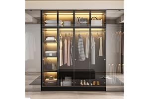 Hitow Wardrobe Cabinet with LED Light Strips, Armoire Closet with Glass Doors, 59.1" W Large Bedroom Armoire Clothes Organizer with Shelve & Hanging Rods, Modern Glass Display Cabinet, Black