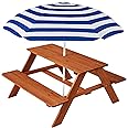 Best Choice Products Kids Wooden Picnic Table, Outdoor Activity & Dining Table w/Adjustable Collapsible Umbrella, Built-in Seats - Golden Brown/Navy
